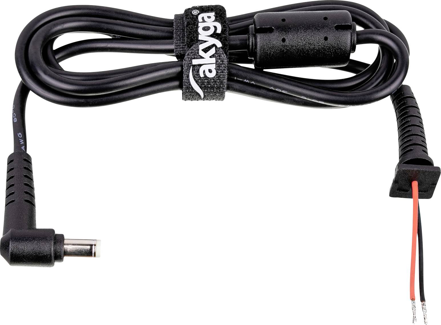 A coiled black power cable with a right-angle connector on one end and exposed red and black wires on the other, secured with a velcro strap.