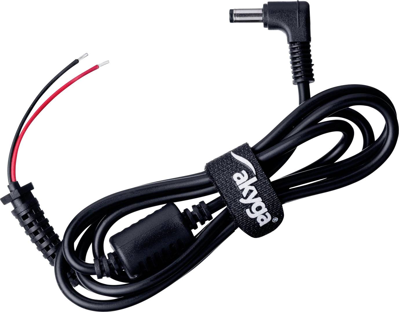 A coiled black power cable with a right-angle connector and open-ended red and black wires on the other end, secured by a labeled strap.