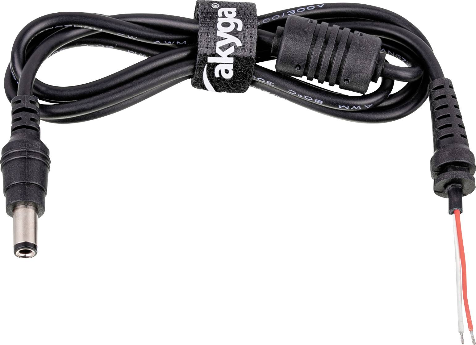 A black power cable with a DC plug and exposed wires on one end, secured with a velcro strap labeled 'akyga.'