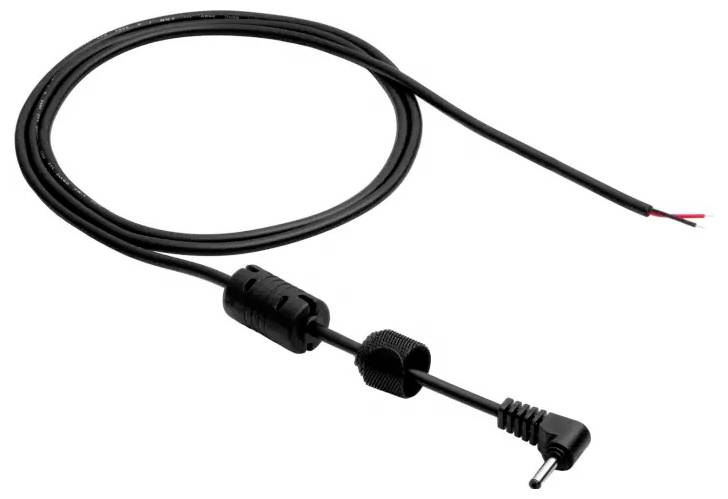 A black coaxial power cable with a right-angle plug and two exposed wires at the opposite end.