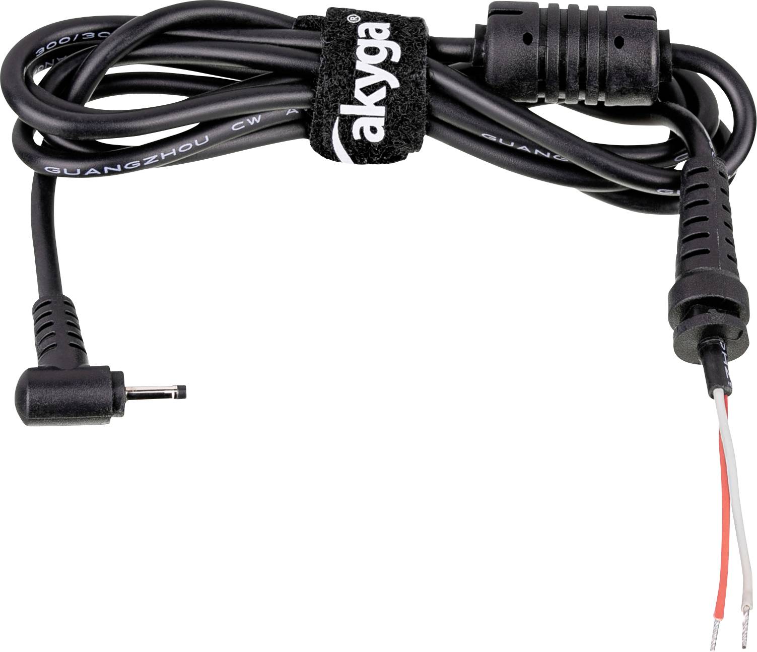 A black DC power cord with a right-angle connector and exposed red and white wires at the end, secured with a velcro strap labeled 'akyga'.