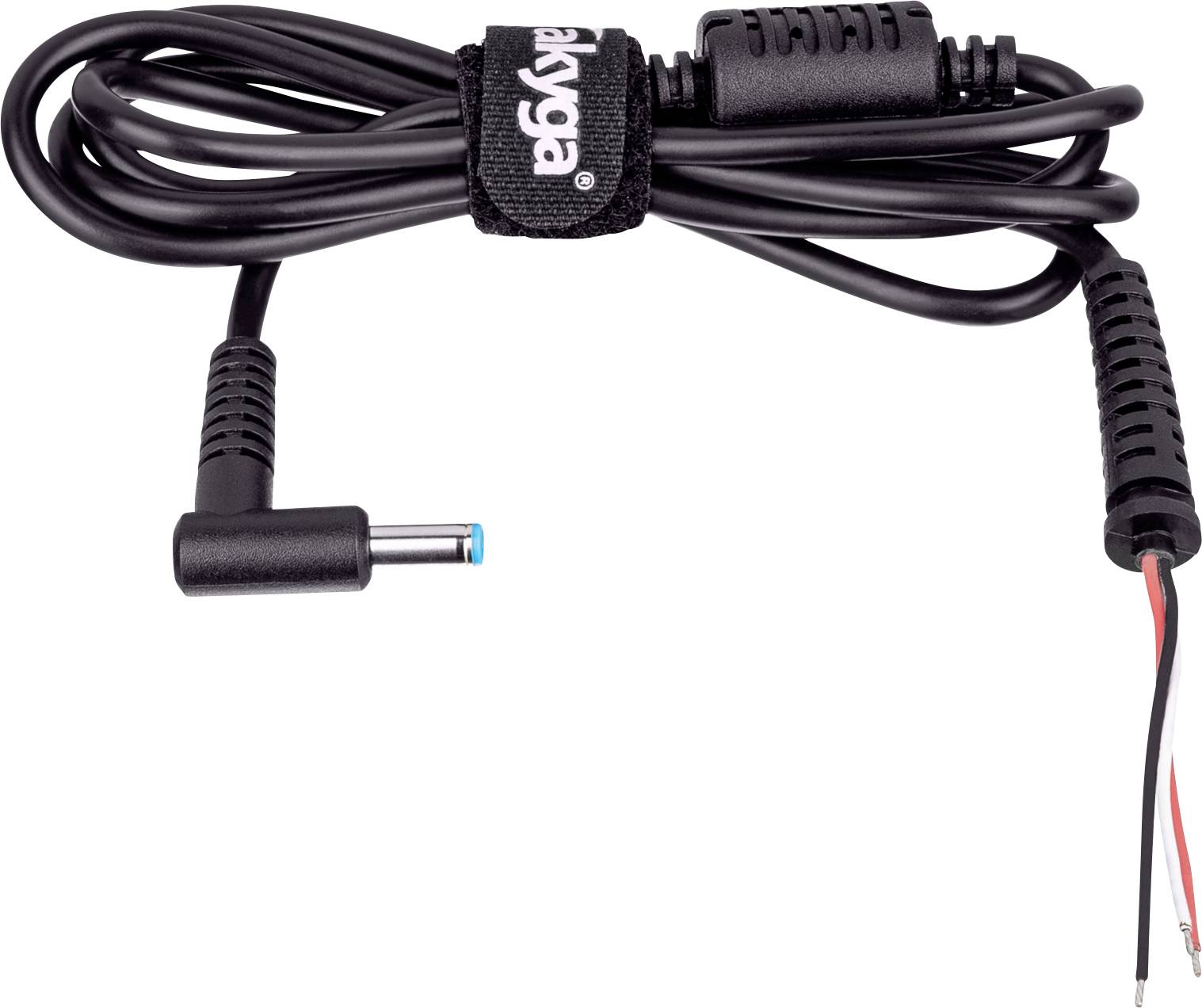 A black laptop charger cable with a right-angled connector and exposed red and black wires at the end, used for power connection.