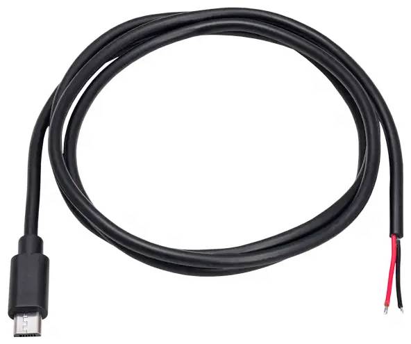 A black USB cable with one end having a micro-USB connector and the other end split into red and black exposed wires.