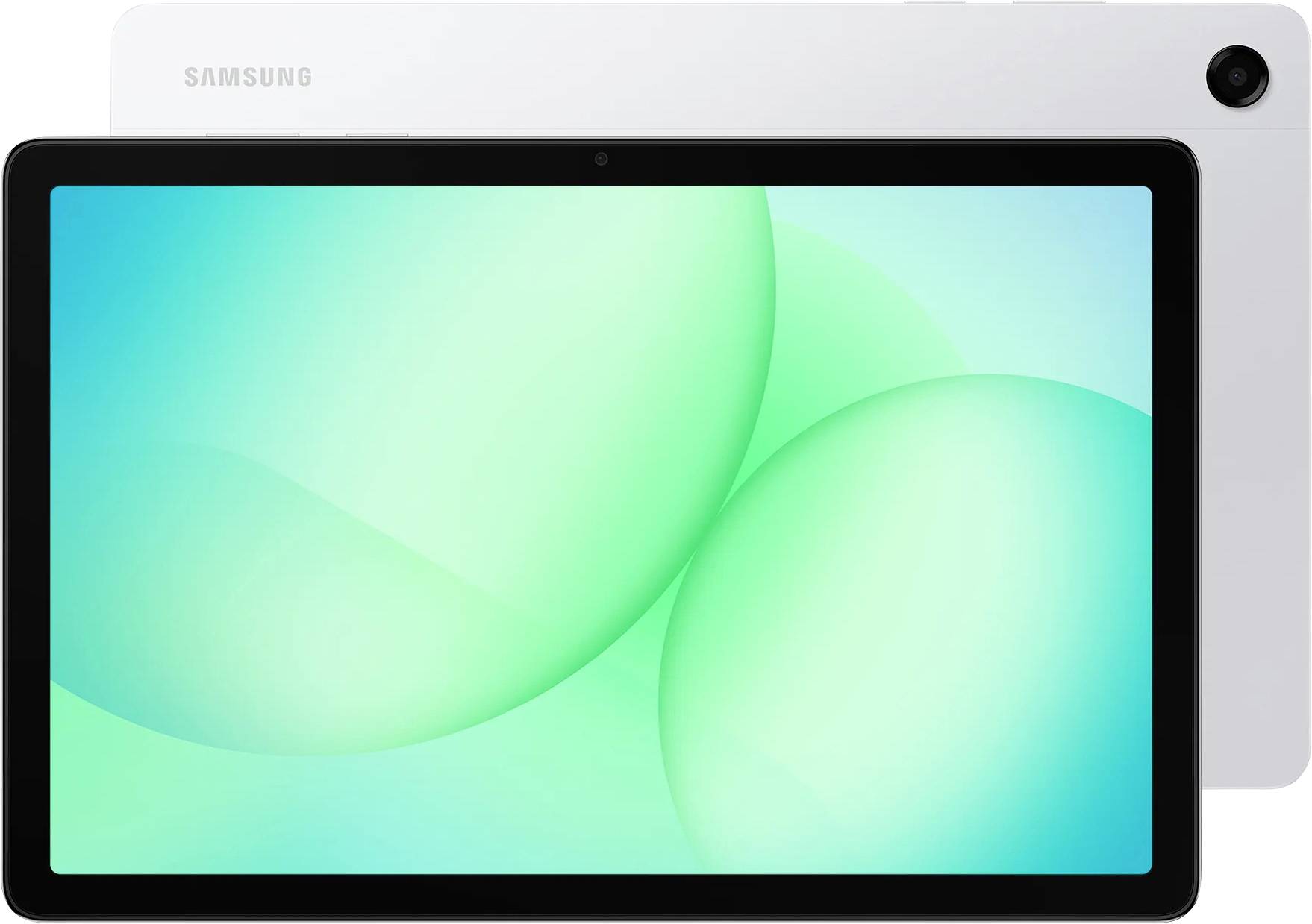 A tablet with a glowing green screen displaying abstract shapes. It has a camera in the top-right corner and a 'Samsung' logo on the back.