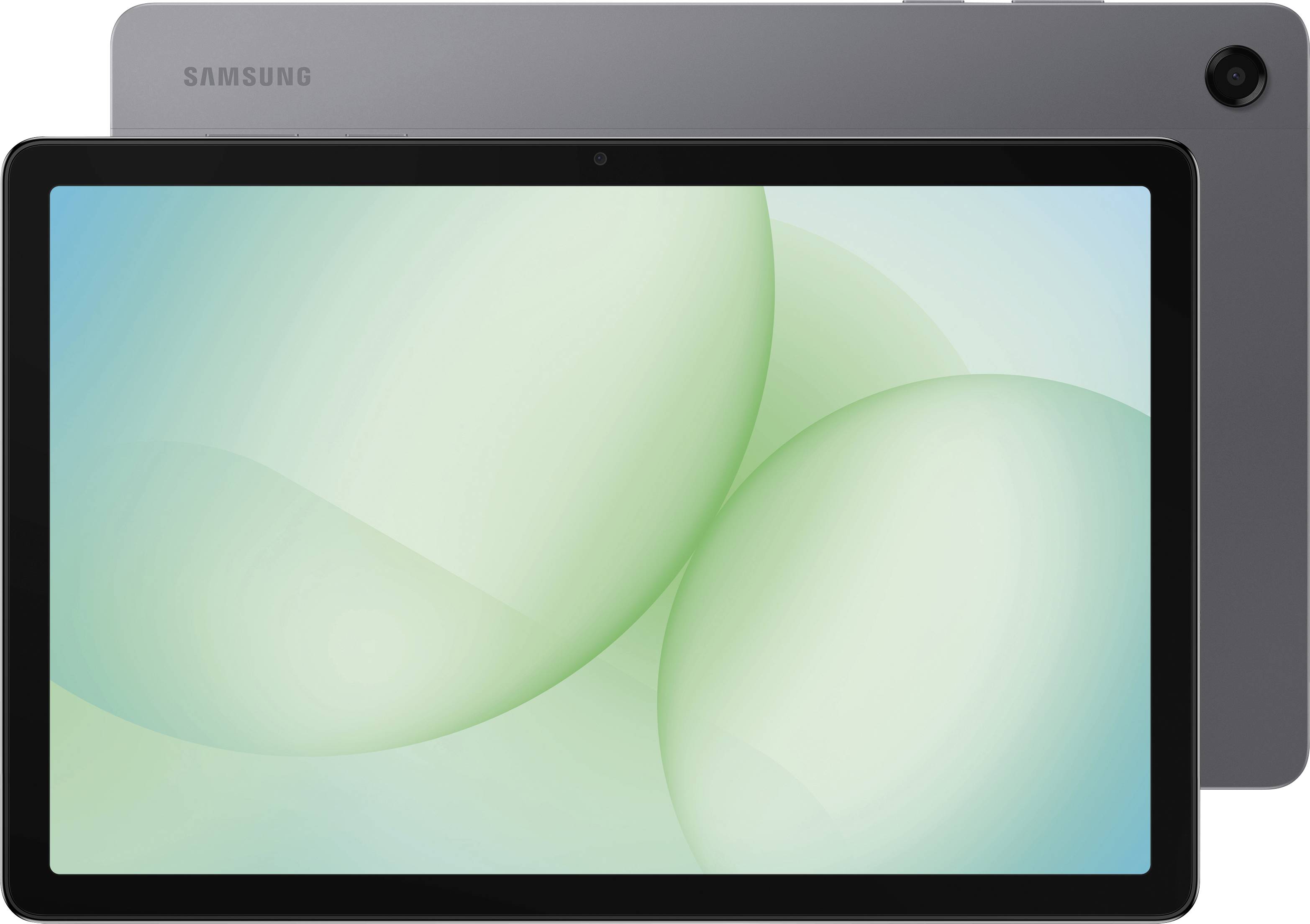 A sleek tablet with a black front and gray back, featuring a Samsung logo. The screen displays a soft, abstract green design.