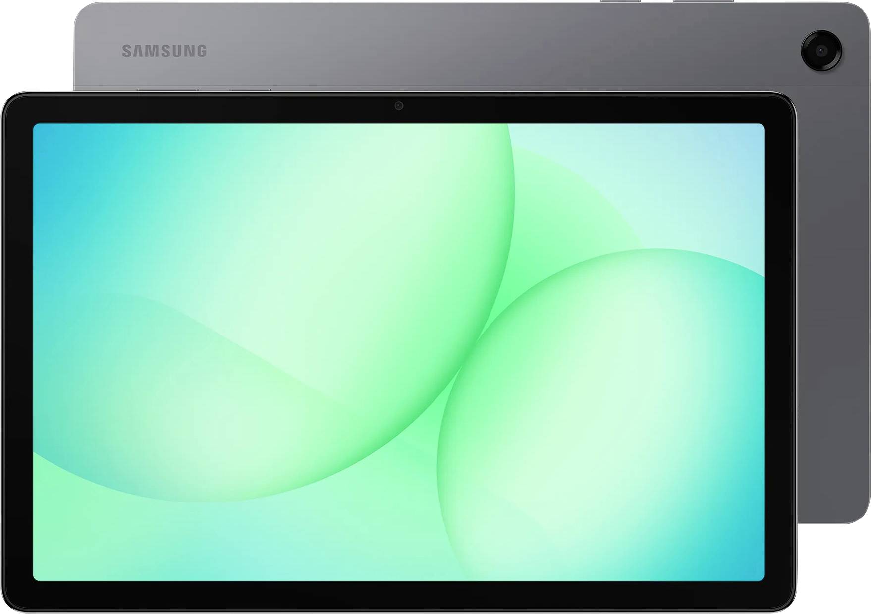 A Samsung tablet with a bright green abstract wallpaper, showing front and back views.