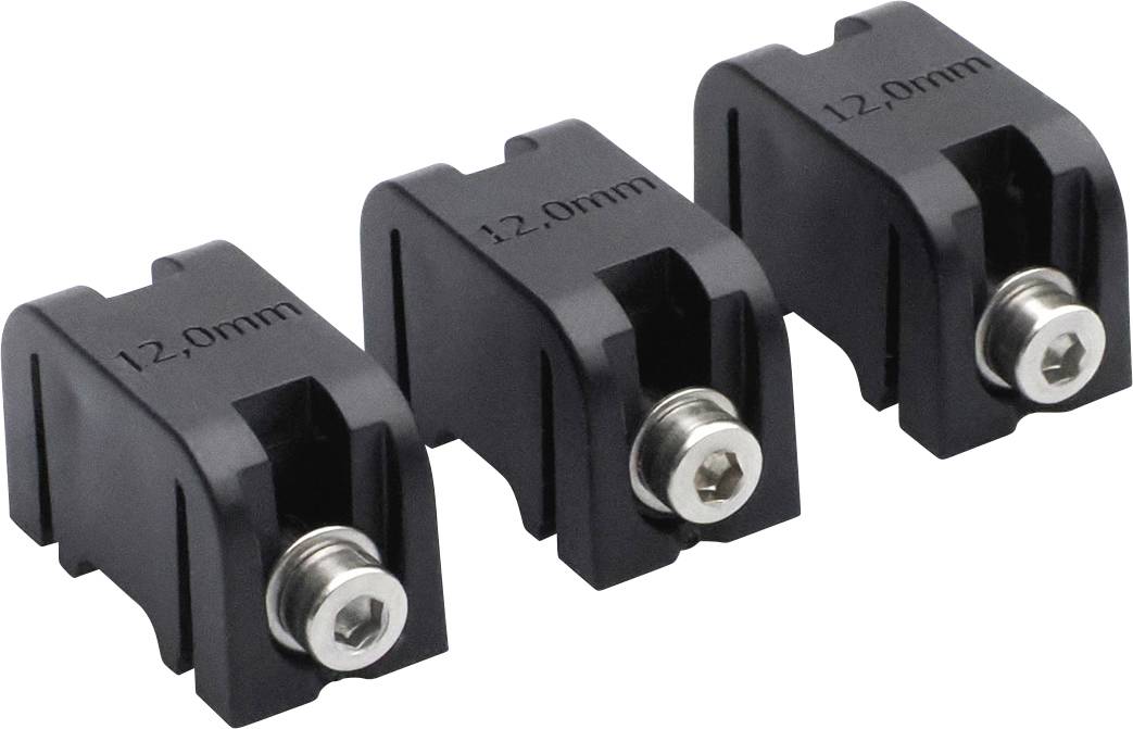 Three black connectors labeled '12.0mm' with metal hexagonal bolts protruding from each. They are aligned in a row.