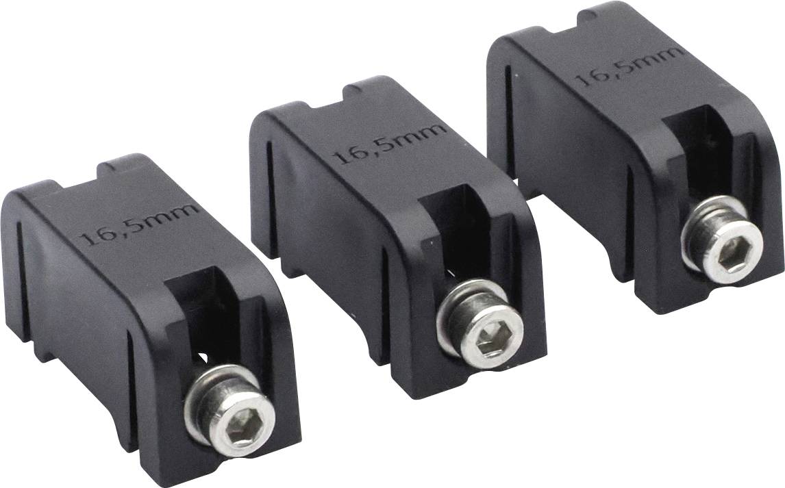 Three black plastic brackets with a hexagonal screw in the front, each labelled '16,5mm', aligned horizontally against a white background.