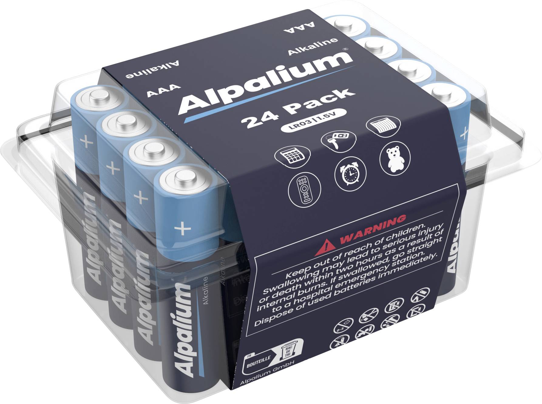 A clear plastic package of 'Alpalium AAA Alkaline Batteries' containing 24 batteries. The package features safety warnings and recycling icons.