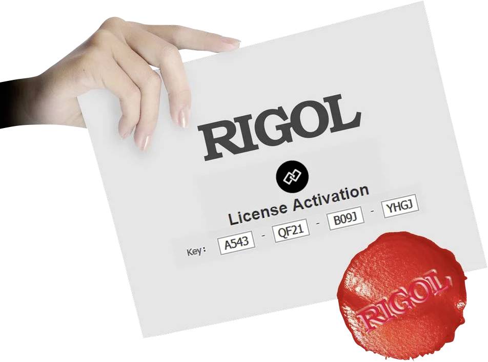 A hand holds a paper displaying 'RIGOL License Activation' with a key code 'A543 - QF21 - B09J - YHGJ'. A red seal says 'RIGOL'.
