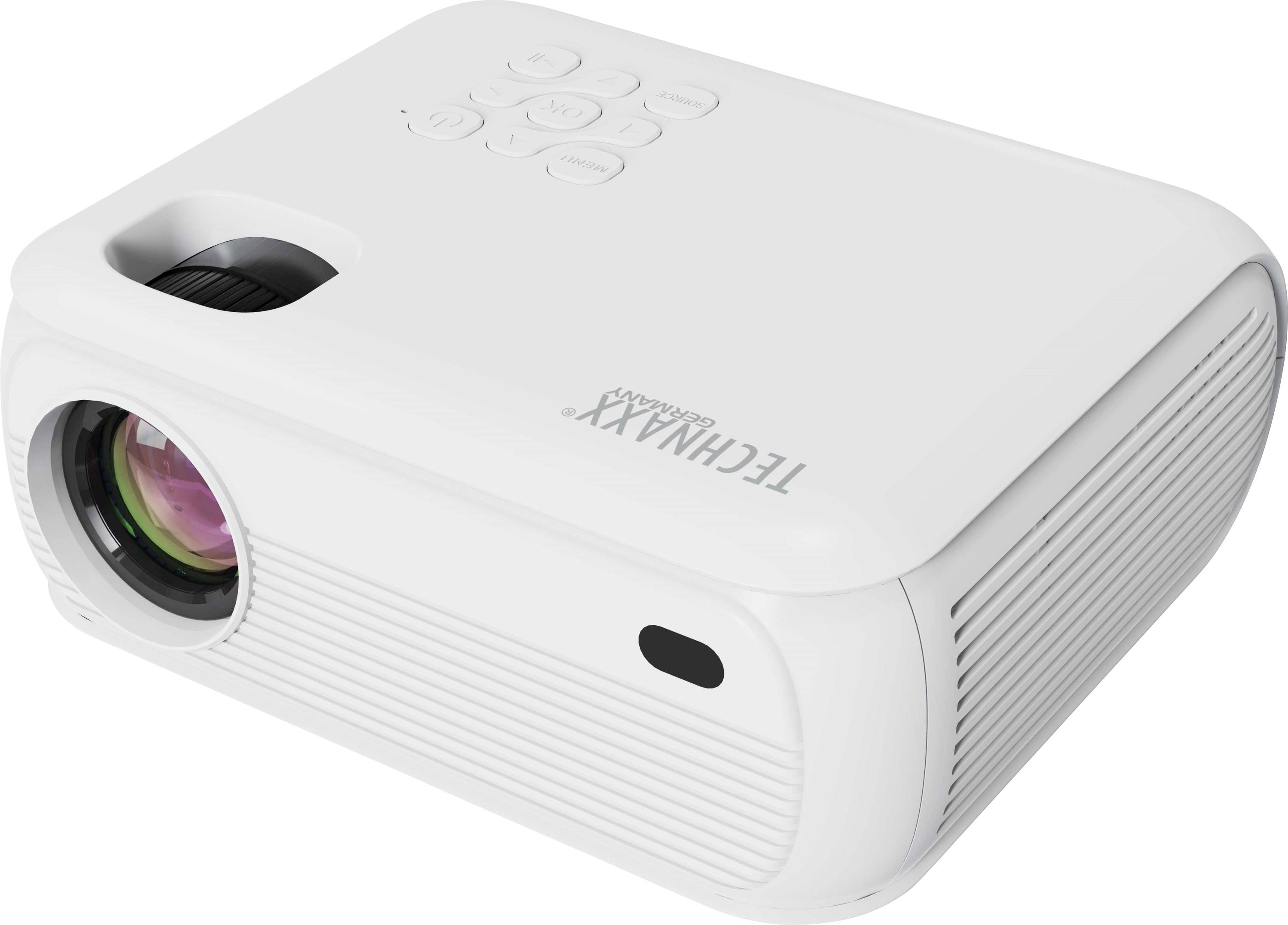 A white portable projector with lens on the left, power button, and input controls on top. The brand name is visible on the surface.