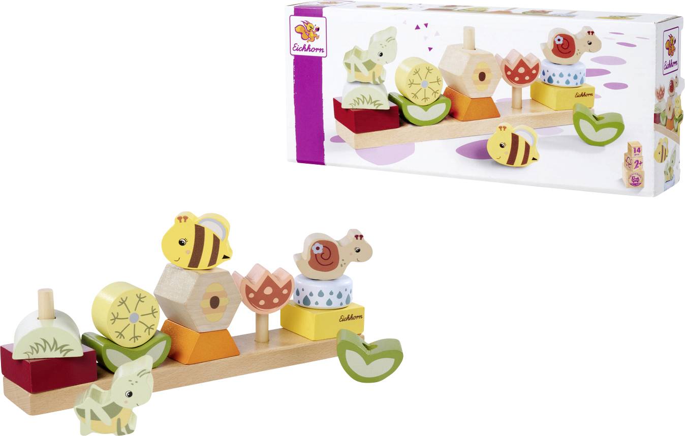 A colorful wooden animal and nature-themed stacking toy set with different shapes and painted animals, including bees and rabbits.