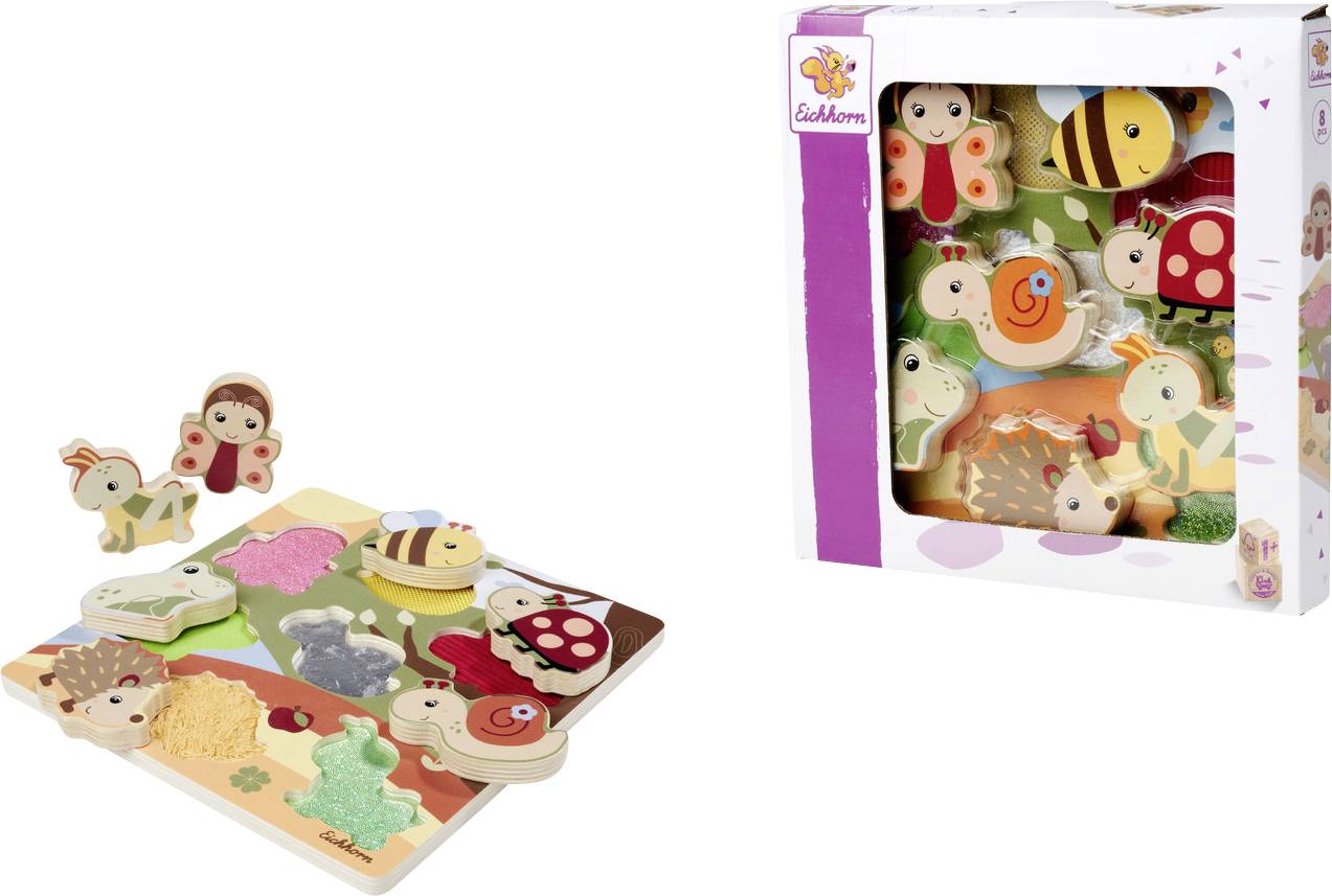 A colorful, insect-themed wooden puzzle with various insects like bees and ladybugs on a board and in its packaging.