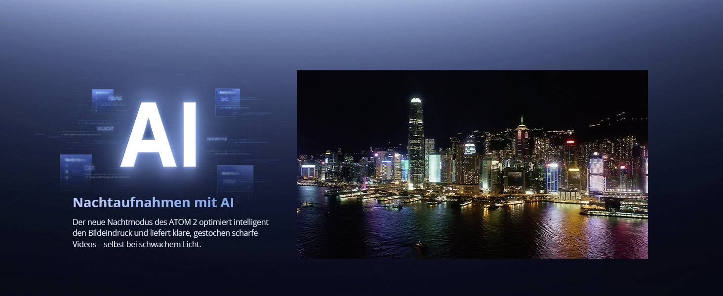 'AI Nachtaufnahmen mit AI' text next to a cityscape at night with illuminated buildings and reflections on water, showcasing low-light photography.