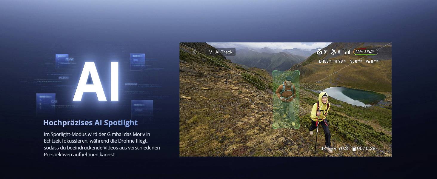 A person hiking on a mountain trail is highlighted using AI tracking technology, emphasizing real-time focus capabilities.