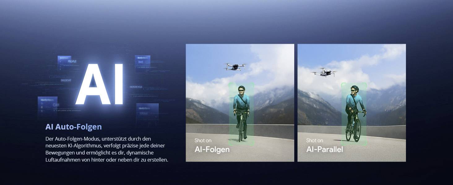 The image compares two drone modes: 'AI Auto-Folgen' and 'AI-Parallel' with pictures of a cyclist and drones in different positions.