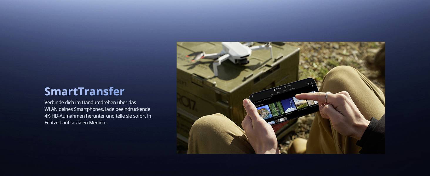 Person using a smartphone to control a drone in a remote outdoor setting. The text reads 'SmartTransfer: Connects you at high speed via your smartphone's WiFi, download impressive 4K/HD recordings and share them instantly in real-time on social media.'