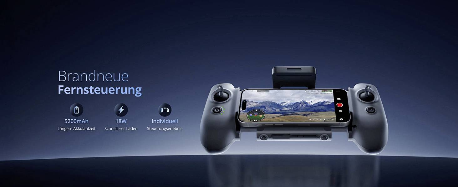 'A brand-new remote' for drones, featuring a mounted smartphone, joysticks, and buttons. Highlights include '5200mAh long life', '18W fast charging', and 'customizable controls'.