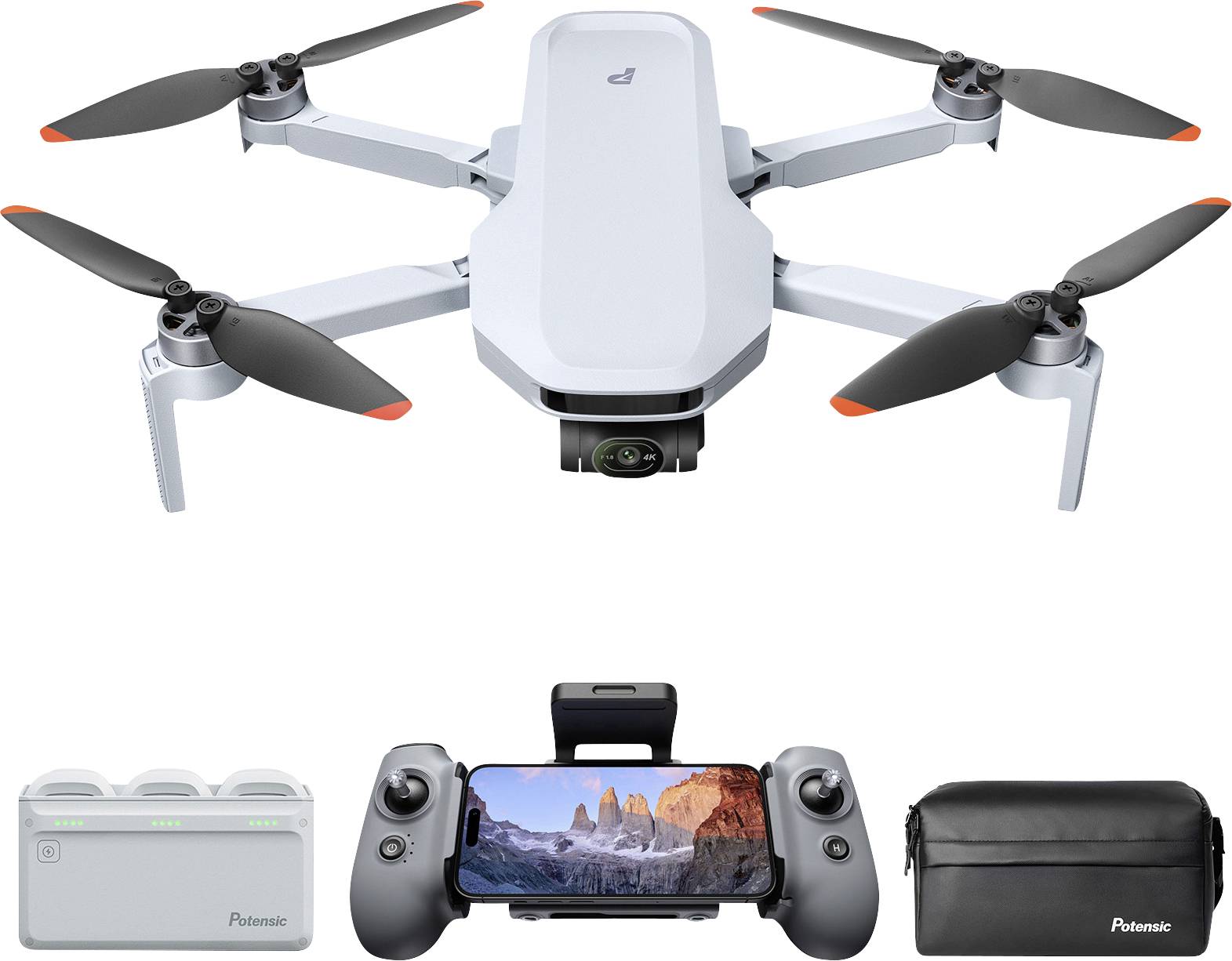Drone with camera, remote controller with smartphone clip, battery pack, and carrying case, suitable for photography and videography.