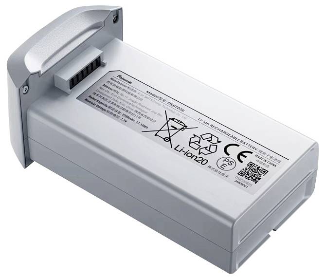 A rectangular silver lithium-ion rechargeable battery with electronic connection pins and detailed specifications label on top.