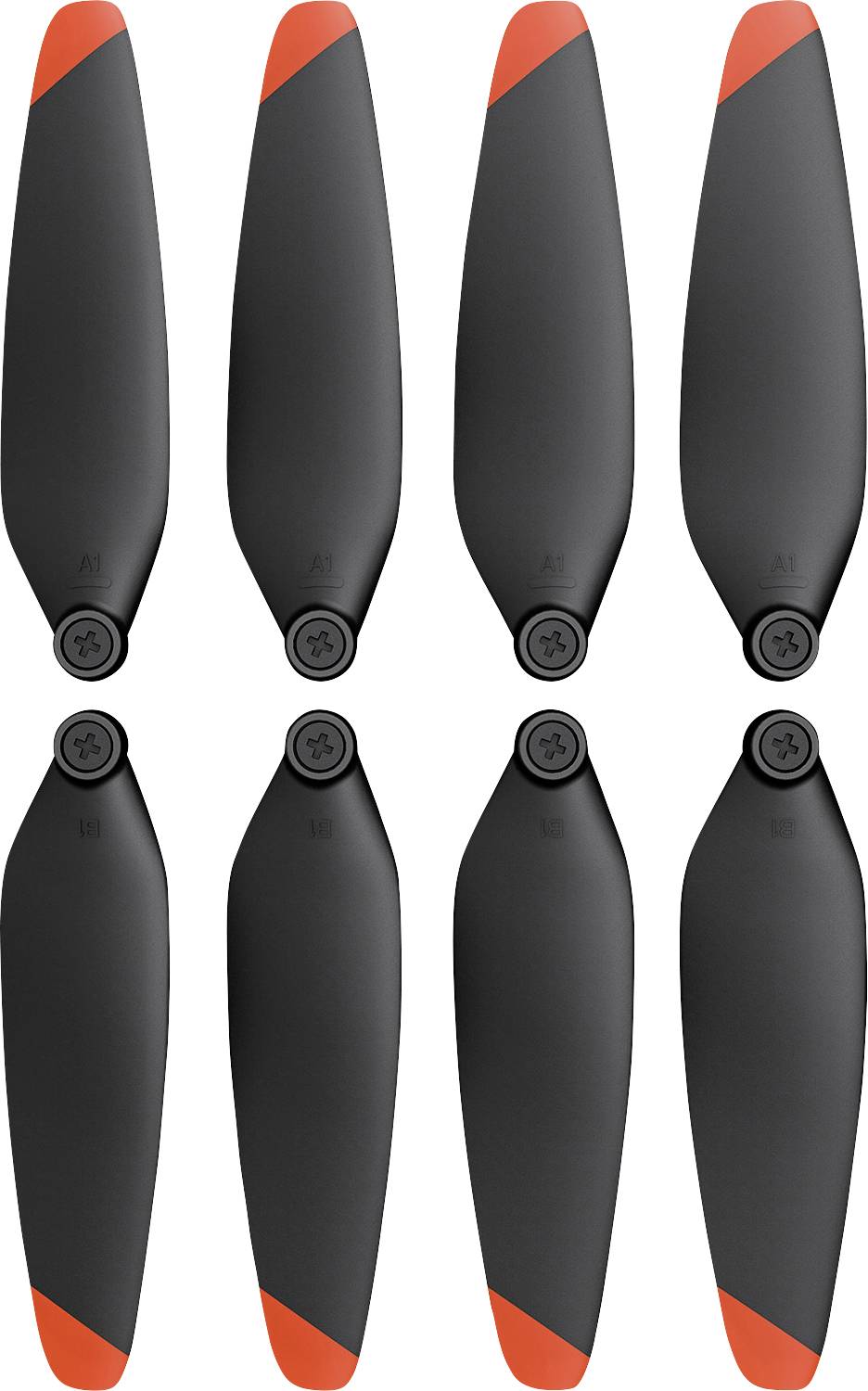Eight black drone propellers with red tips, arranged in two vertical columns.