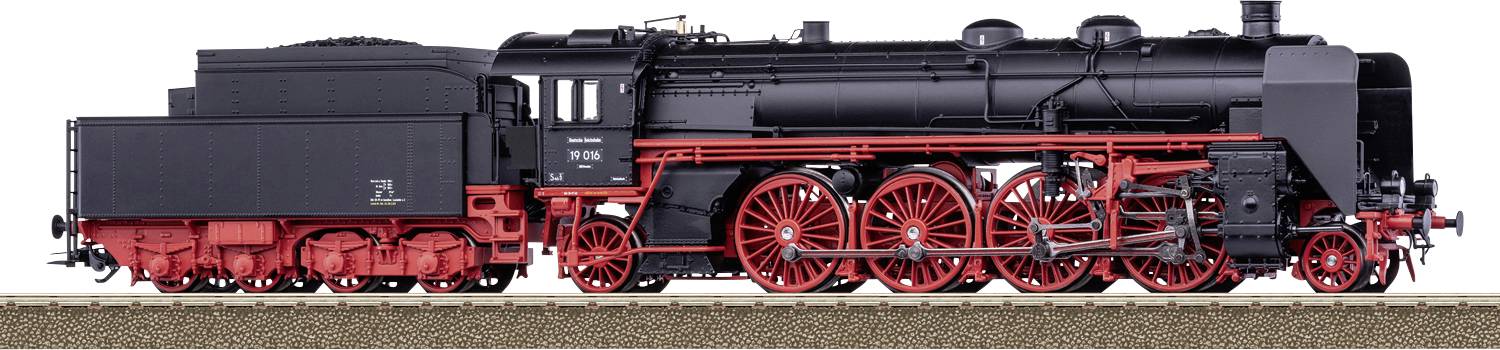 A detailed model of a black steam locomotive with bright red wheels is displayed, showing intricate mechanical components and design.