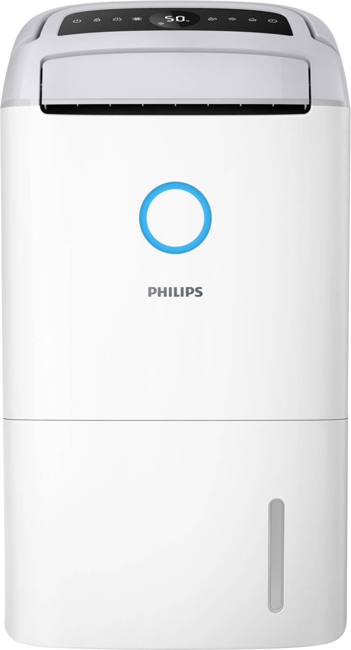 A white Philips dehumidifier with a digital control panel on top and a blue circular logo on the front.