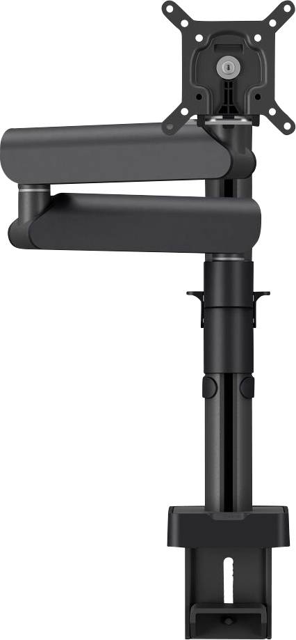 A black adjustable monitor arm with a clamp base, designed for securing and positioning a screen, shown from the side.