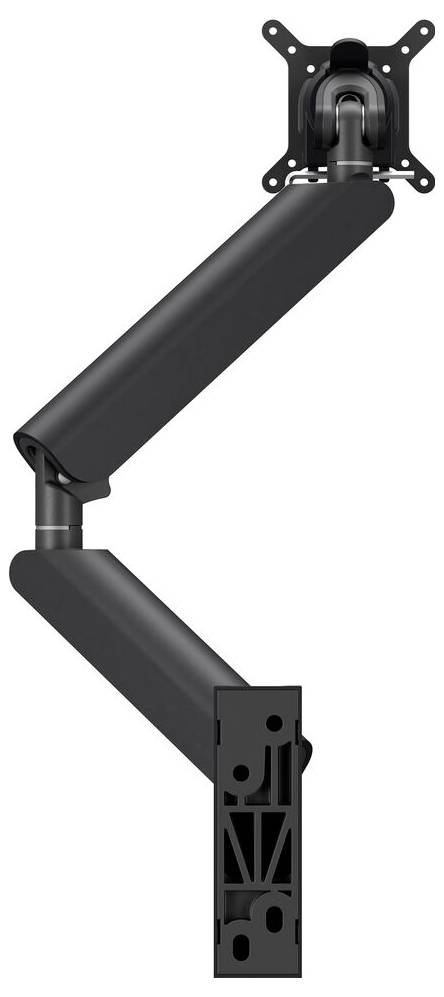 A black adjustable monitor arm with a three-jointed structure, designed for mounting monitors, allowing rotation and height adjustment.