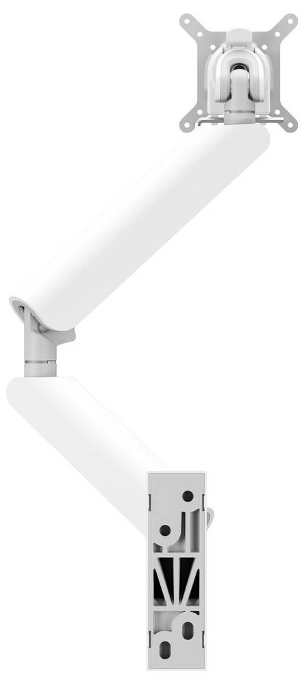 A white adjustable monitor arm with multiple joints, attached to a vertical support, designed for flexible positioning of screens.