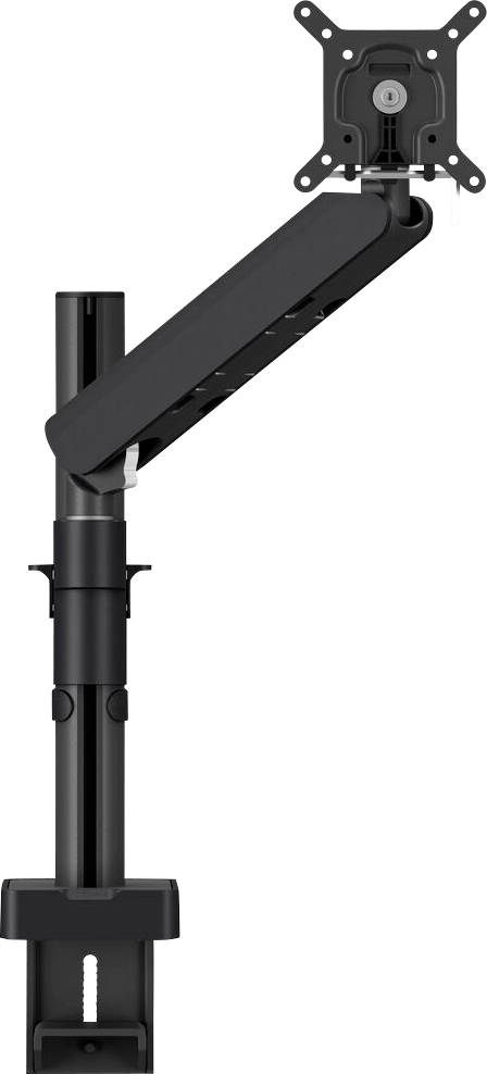Adjustable monitor arm with clamp, featuring a jointed, extendable design for supporting and positioning flat-screen monitors on desks.