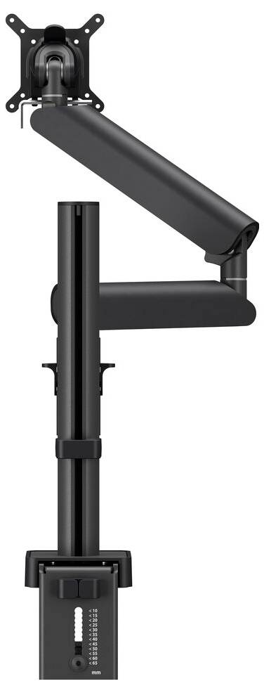 Dual-arm monitor mount in black, featuring height adjustment and articulated joints for positioning. Suitable for optimizing desk space and ergonomics.
