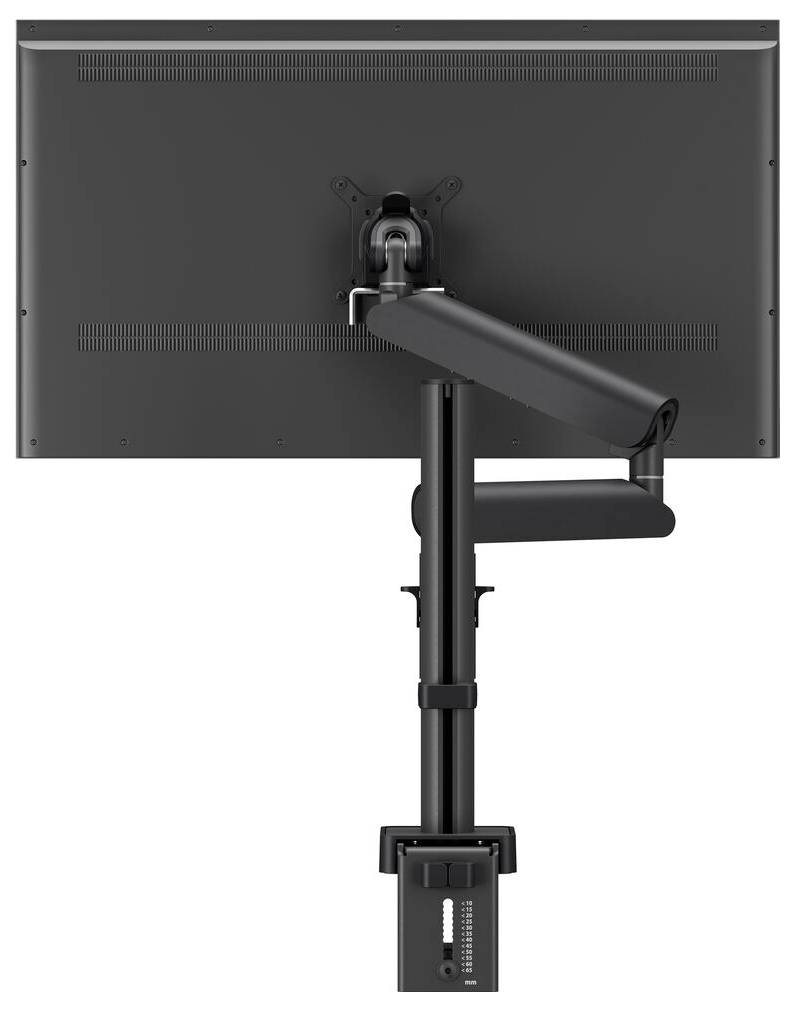 Rear view of a monitor mounted on an adjustable arm. The arm is attached to a vertical pole, allowing for height and angle adjustments.