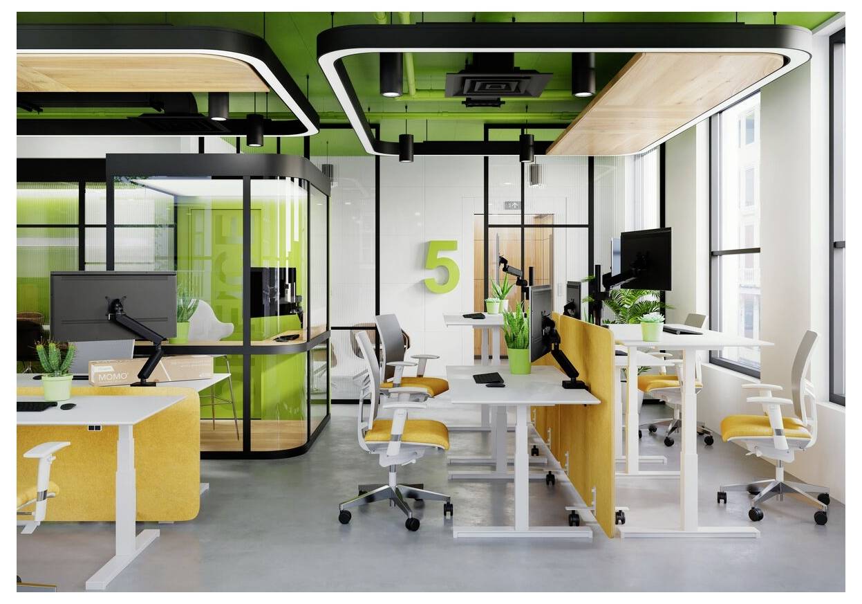 A modern office with green and yellow decor, featuring adjustable desks, ergonomic chairs, and a large '5' on the wall, enhancing a vibrant workspace.