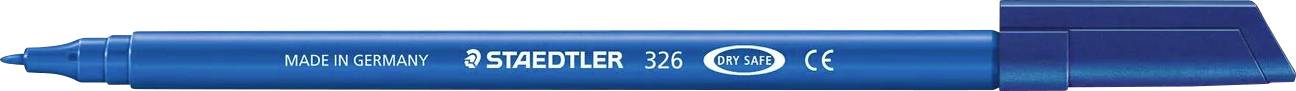 A blue Staedtler marker pen with a fine tip and a cap; labeled '3X', 'CE', and 'CPNP' with 'Made in Germany' text visible.