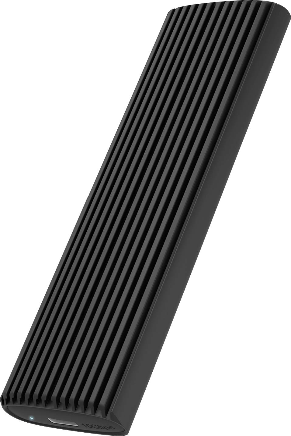 A sleek, black, ribbed external hard drive with a USB-C port on one end, designed for high-speed data storage and transfer.