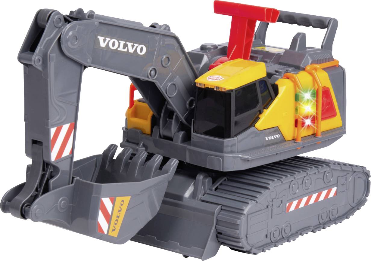 A toy excavator with a grey and orange color scheme, featuring a movable arm and bucket, labeled 'Volvo' on the side.