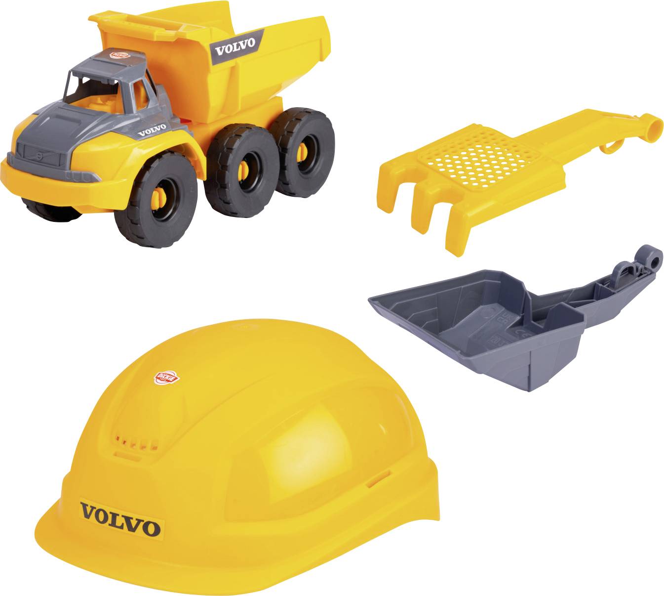 A yellow toy construction set featuring a dump truck, shovel, and helmet.