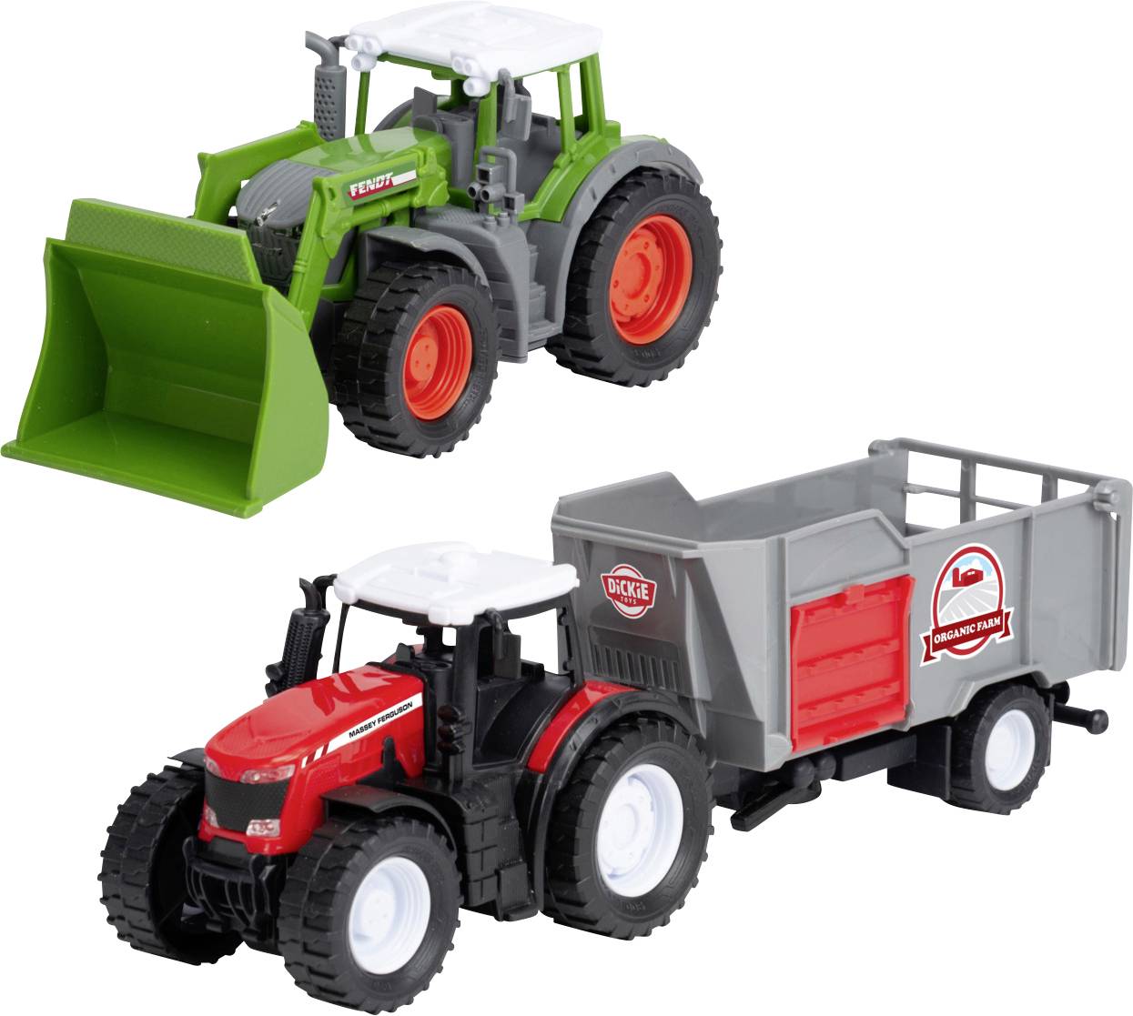Two toy tractors: a green one with a front loader and an orange one attached to a trailer labeled 'Dickie Farm' with a hay design.