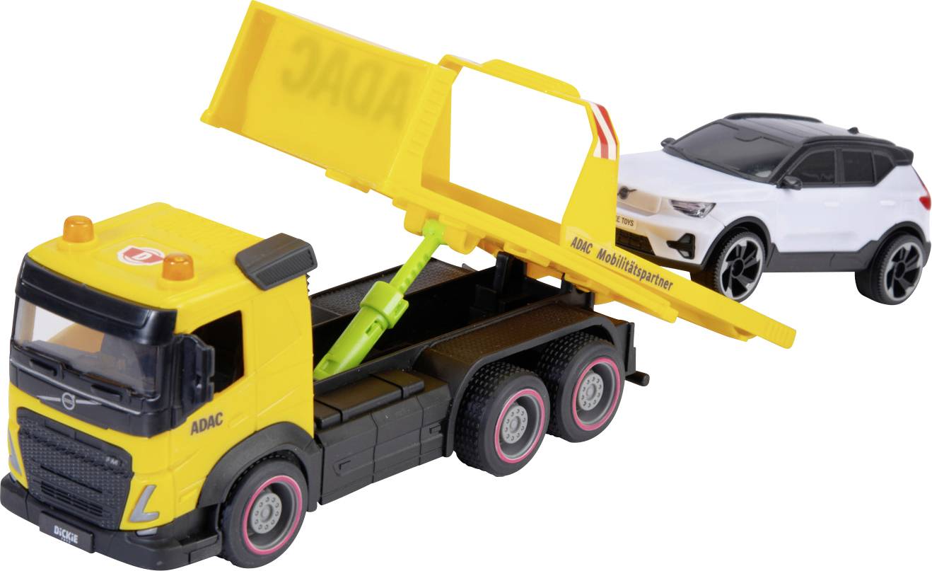 Toy tow truck lifting a white toy car with its yellow ramp, displaying a vehicle rescue scenario.