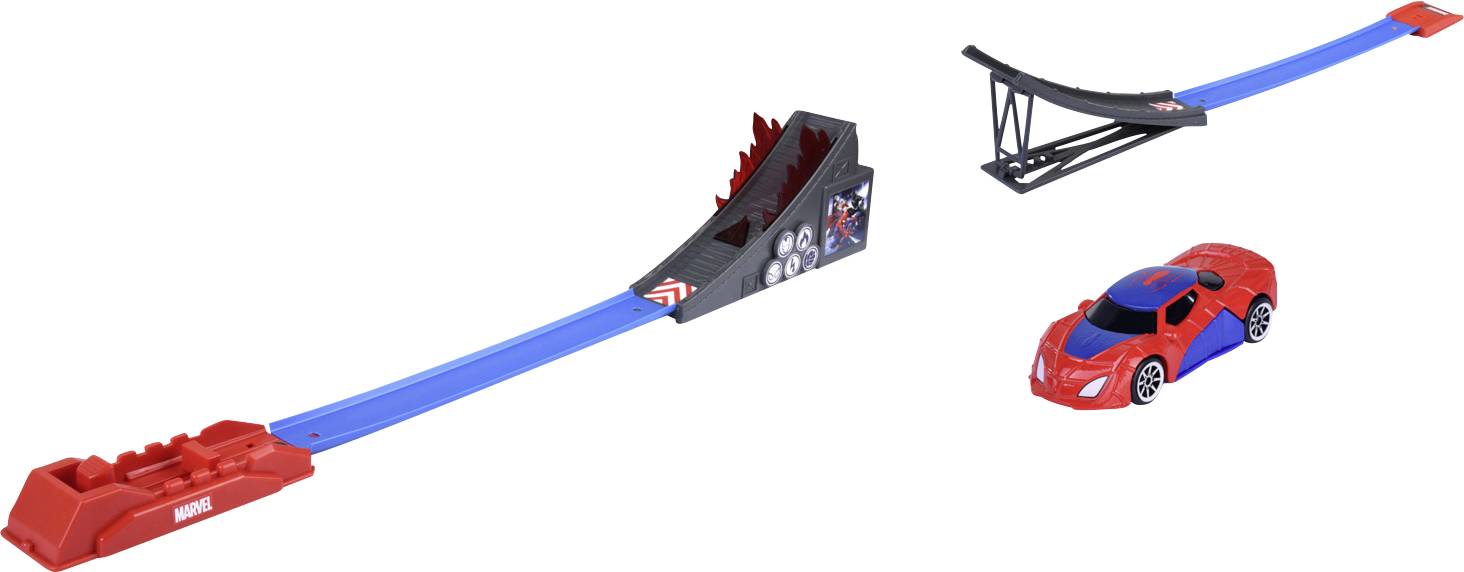 A toy race track with two blue ramps, a car launching station, and a red race car designed for high-speed play.