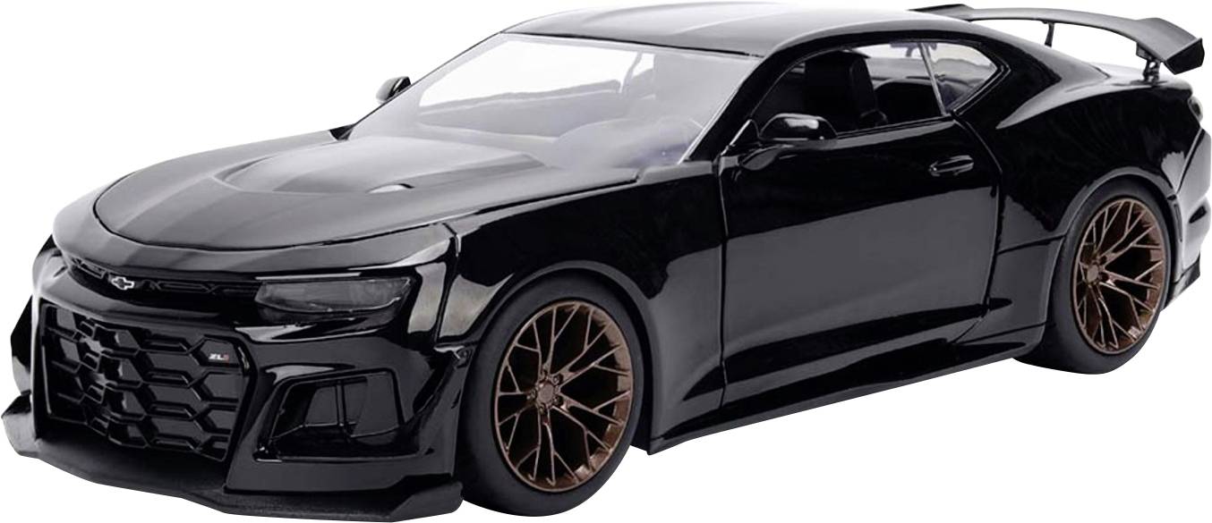 A black sports car with bronze alloy wheels, sleek and aerodynamic design, viewed from the front left angle.