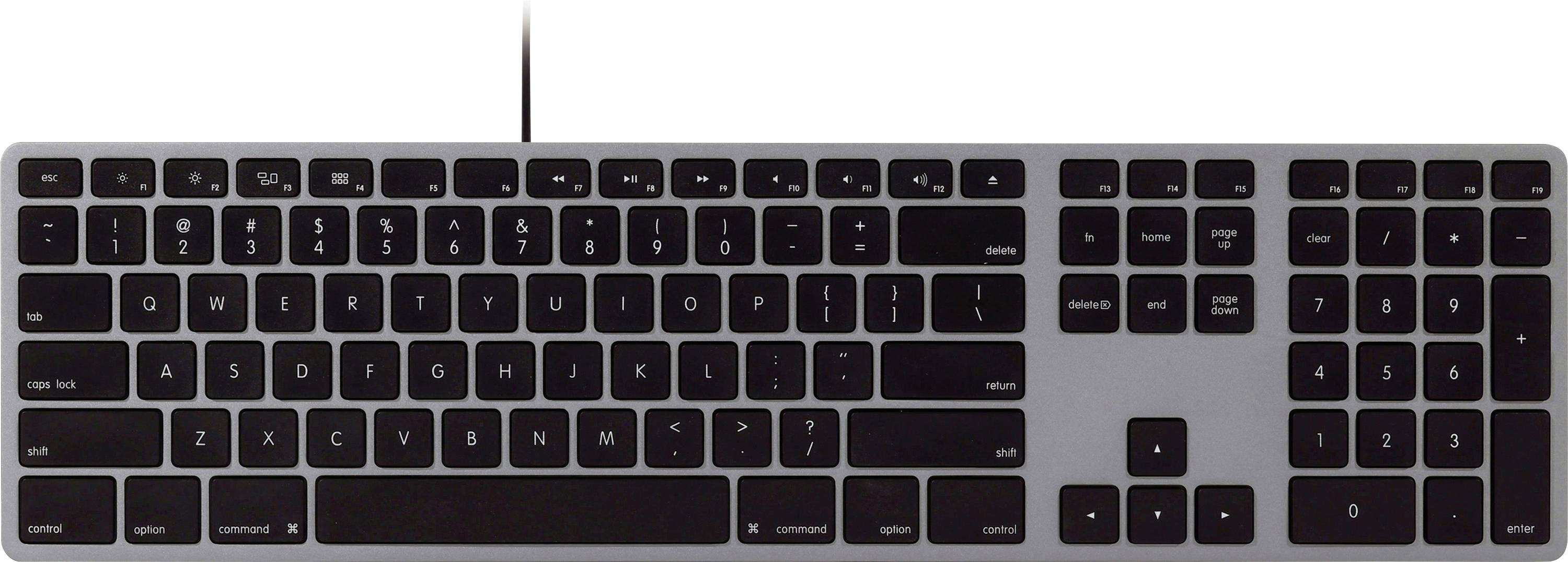 A full-size wired keyboard with black keys on a silver base, featuring a numeric keypad on the right side.