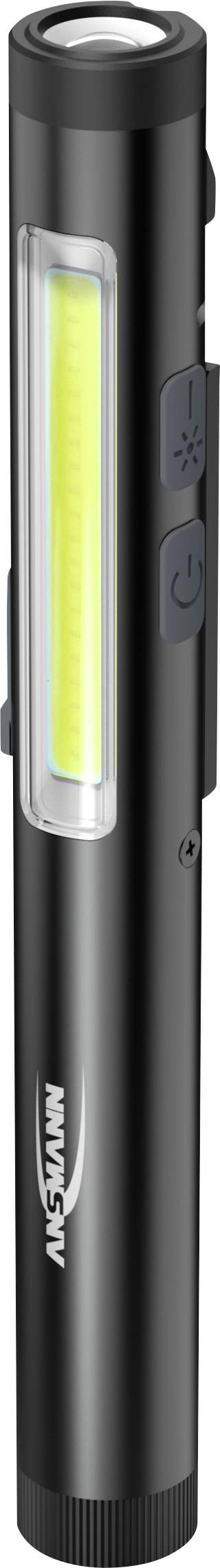 A black LED flashlight with a slim, pen-like design and two side buttons, featuring a bright yellow light strip along its side.