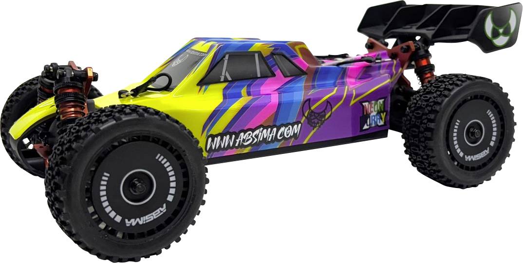A colorful remote control car with a vibrant multicolored design, large tires, and a rear spoiler, featuring website text on the side.