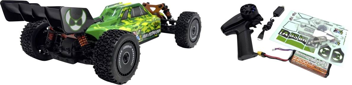 A green and black toy car with large tires, accompanied by a remote control, battery, and decals for customization.