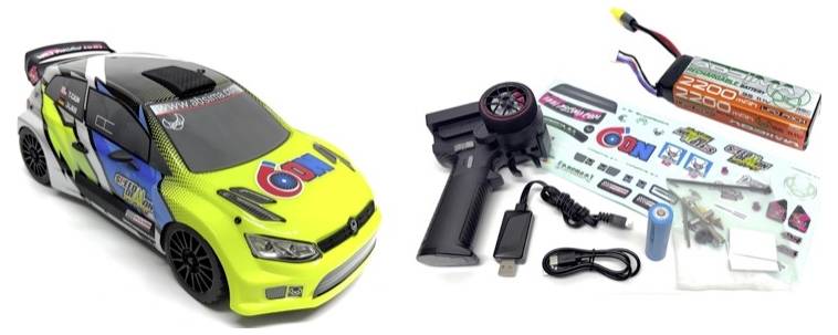 RC car kit featuring a colorful race car with decals, remote control, battery, charger, and stickers for customization.