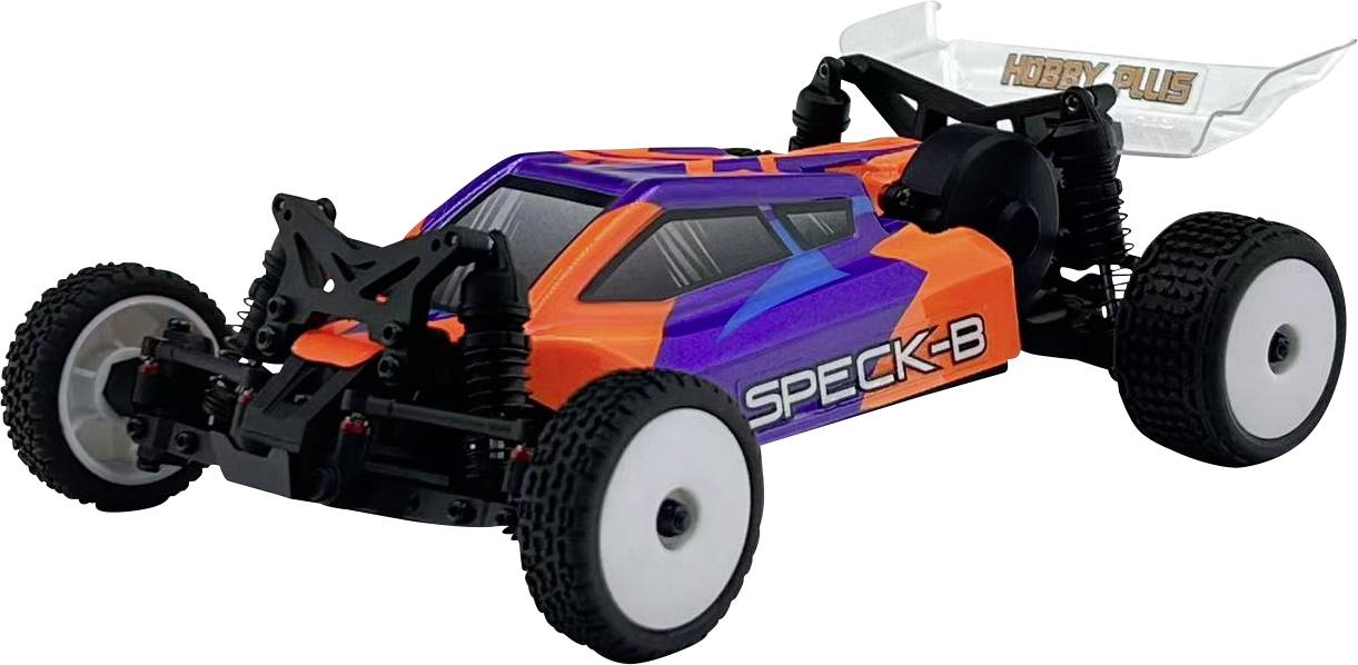 An orange and purple remote-controlled car with black suspension and white wheels sits on a white background, showcasing its design.