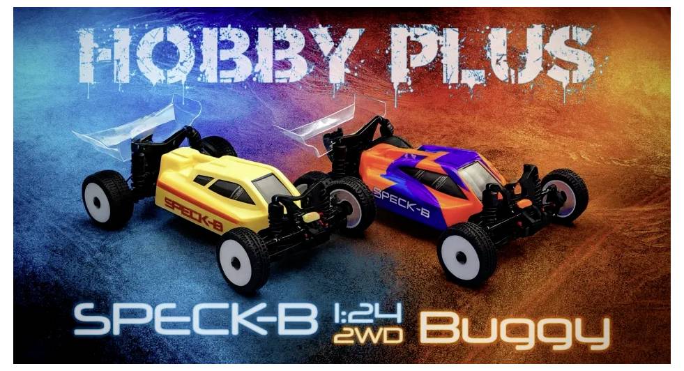 Two Speck-B 1:24 scale 2WD buggies on a textured background, branded 'Hobby Plus'. One is yellow, the other is blue and red.