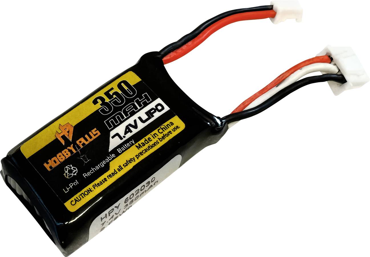 A black and yellow 350mAh 7.4V LiPo battery, labeled 'Hobbyrus,' with red and black wires, and safety warning text on the label.